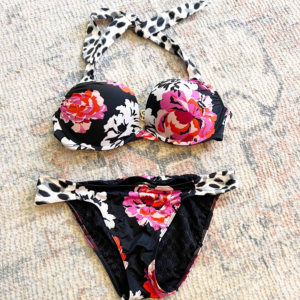 Victoria’s Secret Swim Bikini Black Pink White Floral 34C Medium